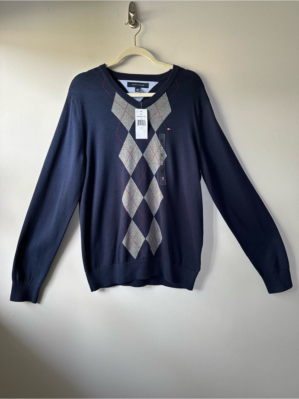 Tommy Hilfiger Navy Argyle Plaid V-Neck Pullover Cotton Sweater Size M Preppy